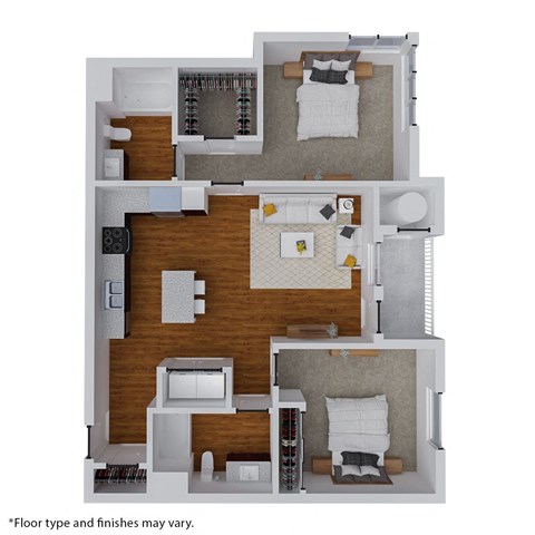 Floor plan for 2 beds, 2 baths, 1038 sqft